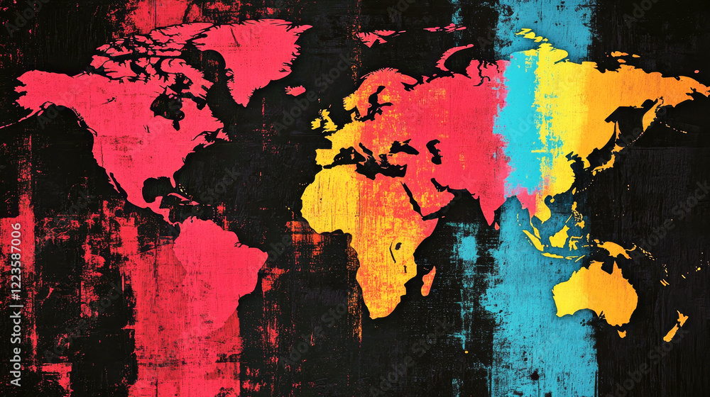 Vibrant abstract world map in neo-brutalism style with bold color blocks and distressed texture Vibrant abstract world map in neo-brutalism style with bold color blocks and distressed texture