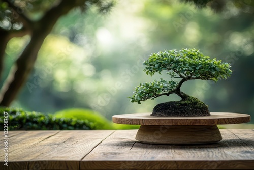 Vacant wooden table with jiaogulan plants against a blurred natural backdrop photo