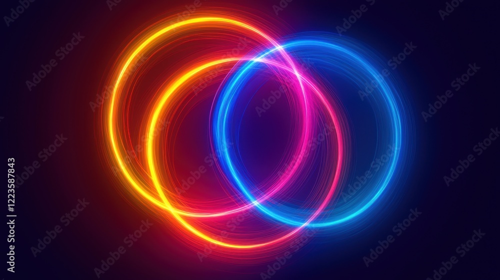 Three radiant circles of neon light in red, blue, and yellow intersect, creating a visually striking display against a dark backdrop. The colors harmoniously blend at their intersections Three radiant circles of neon light in red, blue, and yellow intersect, creating a visually striking display against a dark backdrop. The colors harmoniously blend at their intersections