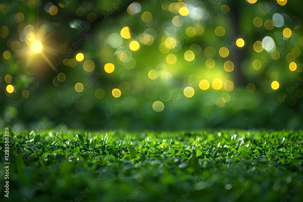Obraz premium A green grass field with bokeh lights in the background