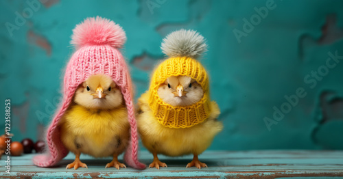 Two beautiful chickens in cute knitted hats