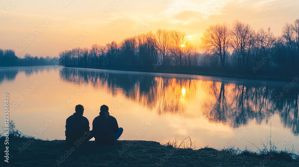 Couple enjoys a peaceful sunset by a lake in a romantic lakeside retreat Couple enjoys a peaceful sunset by a lake in a romantic lakeside retreat