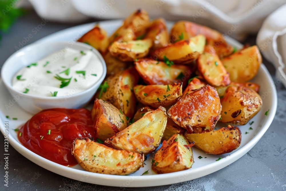 Air Fried Potatoes with ketchup and mayo dip on white plate Air Fried Potatoes with ketchup and mayo dip on white plate