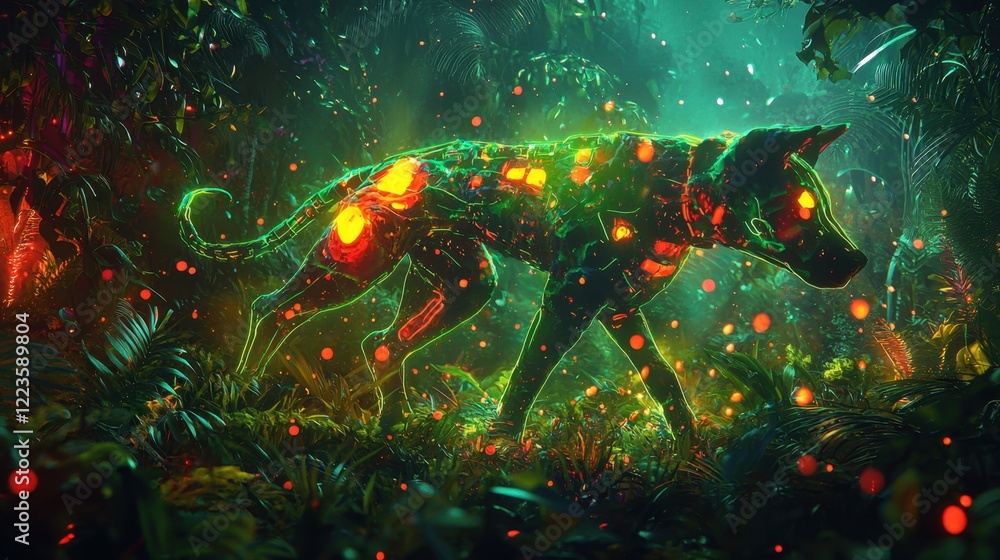 A glowing dog wanders through a lush jungle with bioluminescent plants and colorful particles floating in the air as dusk settles, creating a magical atmosphere A glowing dog wanders through a lush jungle with bioluminescent plants and colorful particles floating in the air as dusk settles, creating a magical atmosphere