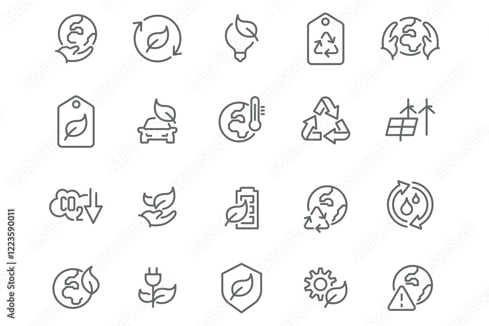 Eco & Environment Icons – Editable and Ready to Use. Vector icon set featuring recycling, renewable energy, CO2 reduction, water conservation, and eco-friendly transport. Eco & Environment Icons – Editable and Ready to Use. Vector icon set featuring recycling, renewable energy, CO2 reduction, water conservation, and eco-friendly transport.