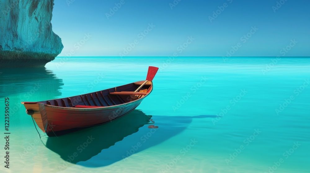Naklejka premium A red wooden rowboat floats on tranquil turquoise water near a white rock cliff under a clear blue sky. The scene is peaceful and idyllic, suggesting a tropical beach setting.