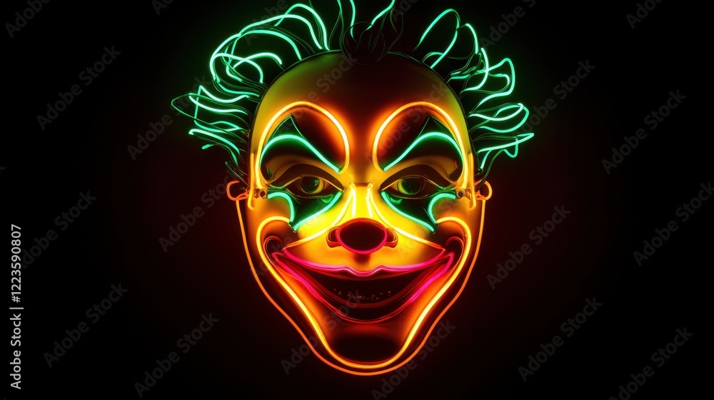 A striking clown face illuminated with vibrant neon lights showcases intricate designs and colorful hair, creating a captivating spectacle during a night carnival A striking clown face illuminated with vibrant neon lights showcases intricate designs and colorful hair, creating a captivating spectacle during a night carnival