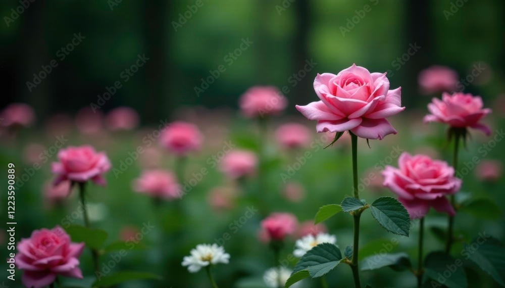 Shallow pink rose blooms in a bed of white valerian amidst a dark forest background, wildflowers, pink roses Shallow pink rose blooms in a bed of white valerian amidst a dark forest background, wildflowers, pink roses