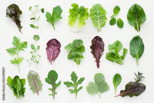 Assorted salad leaves with spinach frisee chard lettuce and arugula on a white background in a creative flat lay pattern photo