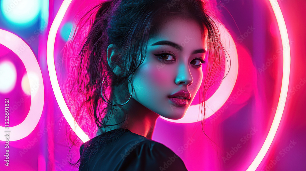Fototapeta premium A young woman stands confidently in front of bright neon lights, showcasing a captivating expression and her stylish outfit. The scene captures the energetic ambiance of nightlife