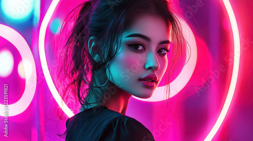 A young woman stands confidently in front of bright neon lights, showcasing a captivating expression and her stylish outfit. The scene captures the energetic ambiance of nightlife