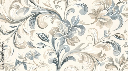 A sophisticated floral design showcases detailed swirling leaves and flowers in soft blue and beige colors. The background is light, enhancing the intricate patterns