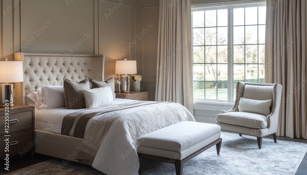 A serene bedroom interior featuring soft lighting, modern furniture, and a calming color palette. A serene bedroom interior featuring soft lighting, modern furniture, and a calming color palette.