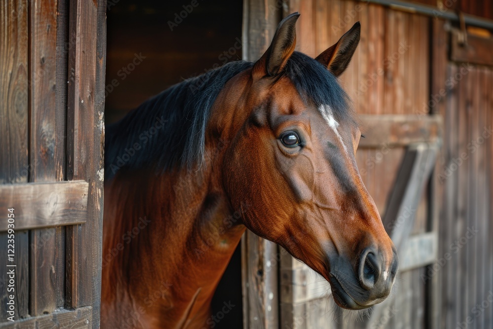 Obraz premium Beautiful bay horse in wooden stall on farm Equestrian lifestyle