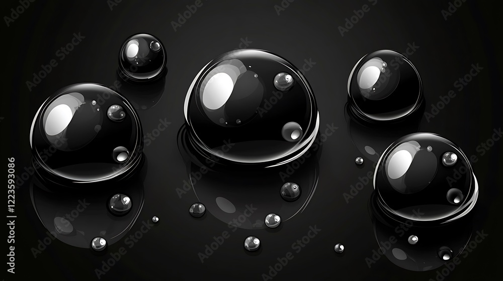 Black glossy spheres reflecting light on dark surface Black glossy spheres reflecting light on dark surface