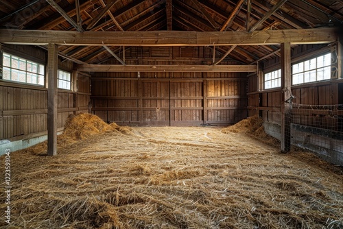 Barren wooden barn with hay scattered