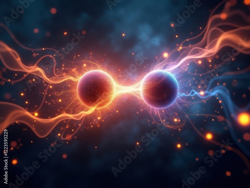 Visualization of quantum entanglement showcasing two particles connected by intricate energy patterns in a cosmic ambiance
