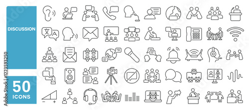 Set of 50 line icons related to discussion, speaking, meeting, seminar, communication, people, speech, message, chat, conversation, Editable stroke. Vector illustration