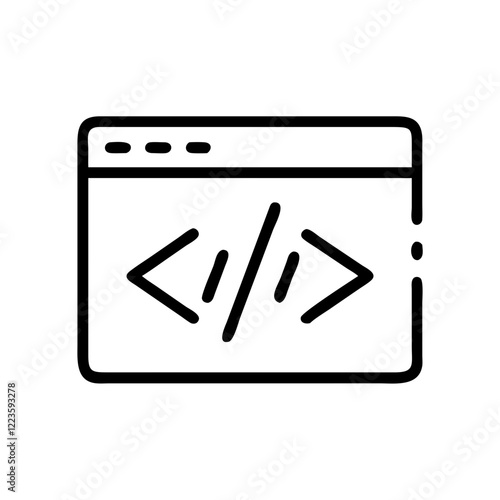 A black outline icon of a browser window displaying angled brackets with a forward slash. Use for web development tutorials, programming blogs, and coding examples.