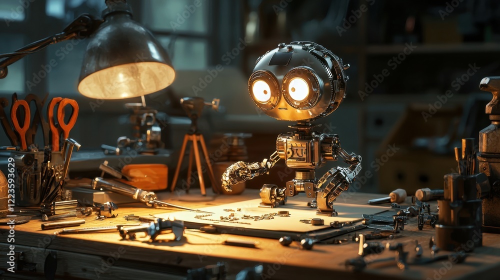 A small robot with large eyes focuses intently on assembling gadgets in a cluttered workshop. Tools and parts are scattered across the workbench under warm lighting A small robot with large eyes focuses intently on assembling gadgets in a cluttered workshop. Tools and parts are scattered across the workbench under warm lighting