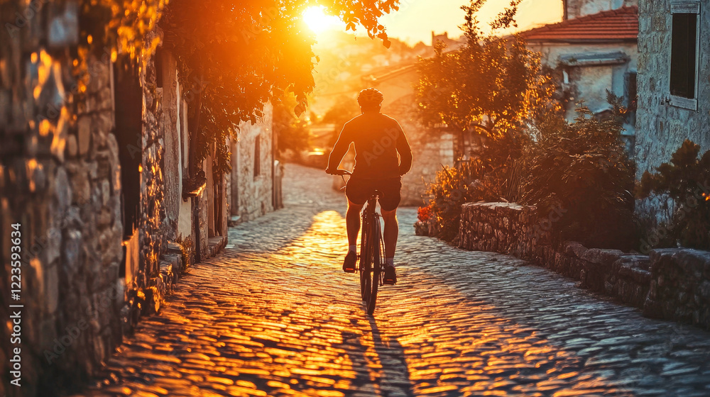 Fototapeta premium Silhouette of a man cycling through a picturesque village at sunset