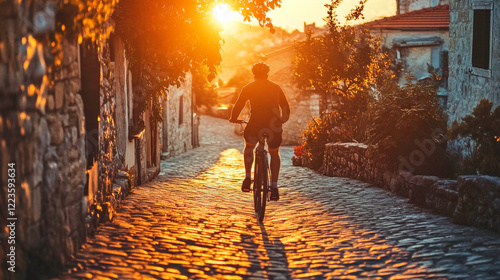 Wallpaper Mural Silhouette of a man cycling through a picturesque village at sunset Torontodigital.ca