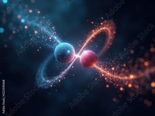 Quantum entanglement visualization illustrating interconnected particles displaying the principles of quantum mechanics in a vibrant cosmic setting