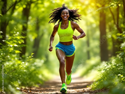 Young black woman in bright sportswear running through the forest. Colorful accents, energetic image, positive attitude.