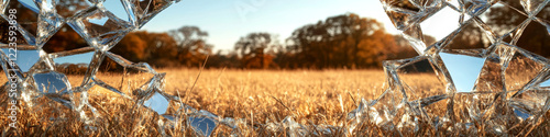 Golden wheat field visible through broken glass, with trees in the background under a clear sky. Concept of fragility in nature. For landscape decoration.