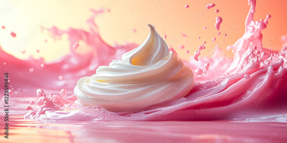 White frosted cake is sitting on top of pink water. The image has a playful and fun mood White frosted cake is sitting on top of pink water. The image has a playful and fun mood