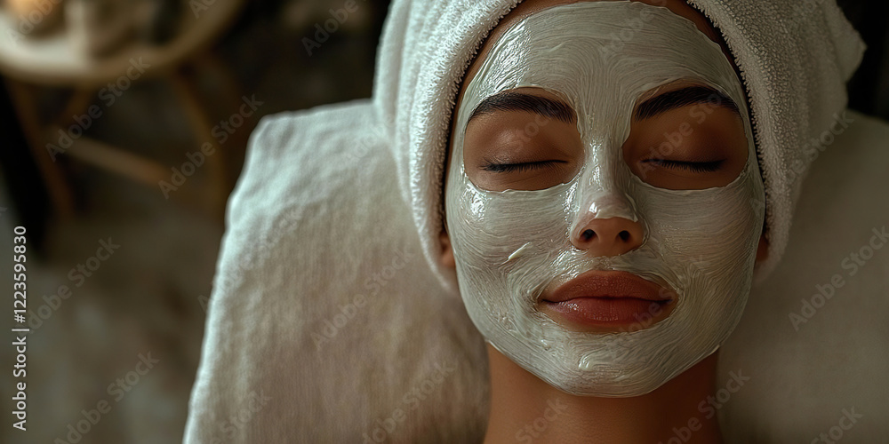 Fototapeta premium Woman with a white facial mask, towel on her head, fully relaxed in a cozy spa environment. Generated with AI.