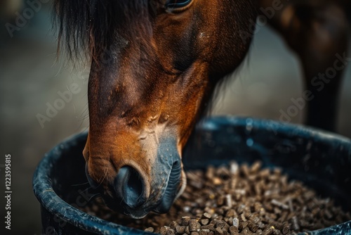Brown horse eating pellets from feed bucket in stall