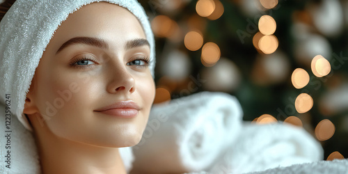 Smiling woman with towel, glowing skin, and warm lights in a relaxing atmosphere. Generated with AI.