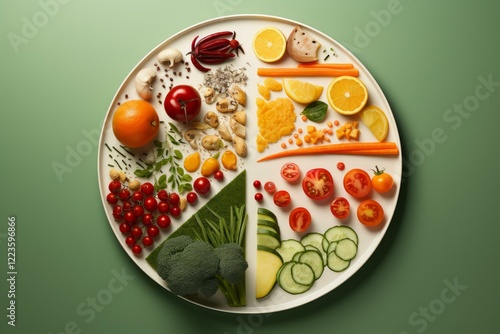 Different types of food arranged on white plate forming colorful pie chart promoting healthy eating habits