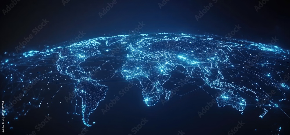 Obraz premium A digital representation of a global network illuminated with blue lights, showcasing interconnected data points