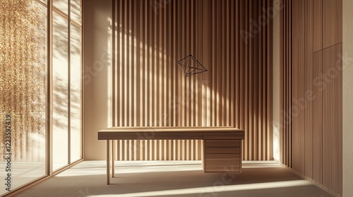 A single minimalist desk attached to a vertical slatted wooden wall photo