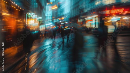 Wallpaper Mural Blurred city street with silhouettes of people, colorful lights, and reflections on a wet pavement. Urban nightlife concept. Torontodigital.ca