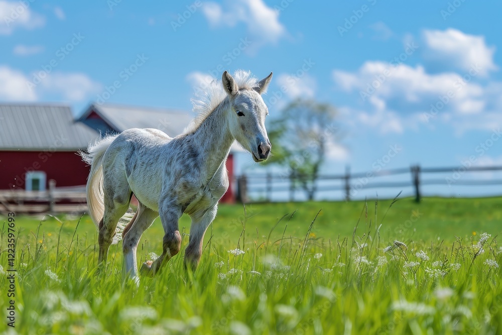 Newly built red vinyl barn in background small Connemara foal running in green field Newly built red vinyl barn in background small Connemara foal running in green field