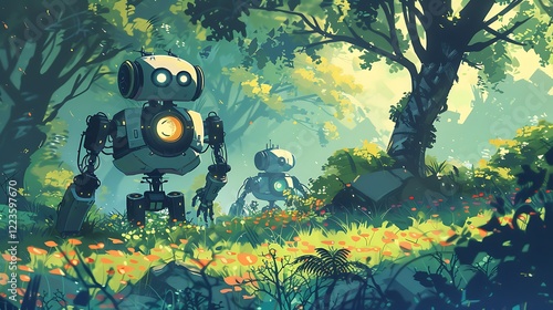 Cartoon-Style Futuristic Robots Interacting with Nature, Blending Technology and the Environment in a Playful, Colorful Scene that Highlights Harmony Between Innovation and the Natural World