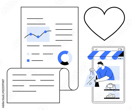 Digital sales report with graphs, pie chart, and document. Smartphone shopping scene showing buyer with shopping bags. Heart symbol. Ideal for e-commerce, data analysis, online shopping, customer