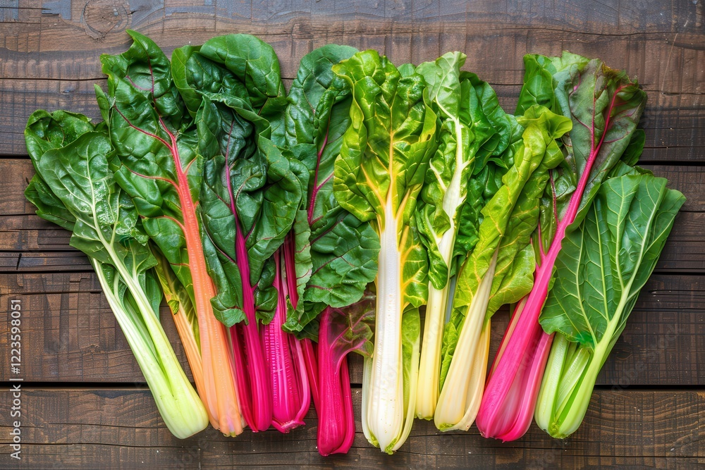 Organic rainbow chard on white and rustic wooden background Organic rainbow chard on white and rustic wooden background