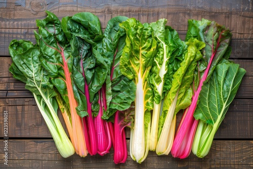 Organic rainbow chard on white and rustic wooden background