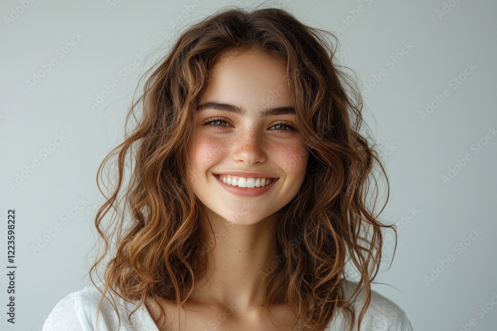 A young woman with curly hair, confidently smiling while wearing a white shirt, isolated on a transparent background. A young woman with curly hair, confidently smiling while wearing a white shirt, isolated on a transparent background.