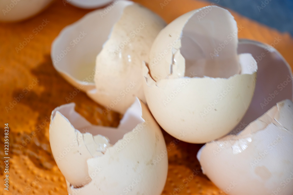 Close-up of cracked eggshells on an orange background, symbolizing renewal and potential. Perfect for culinary or creative projects. Close-up of cracked eggshells on an orange background, symbolizing renewal and potential. Perfect for culinary or creative projects.