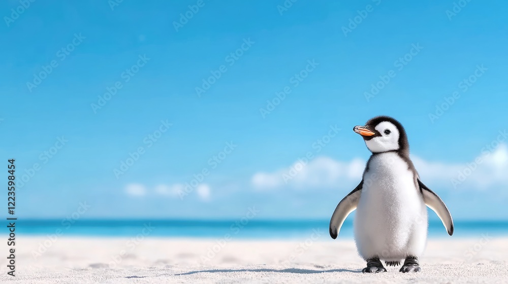 Obraz premium Cute penguin chick stands alone on a sunny sandy beach with a blue ocean and clear sky in the background.