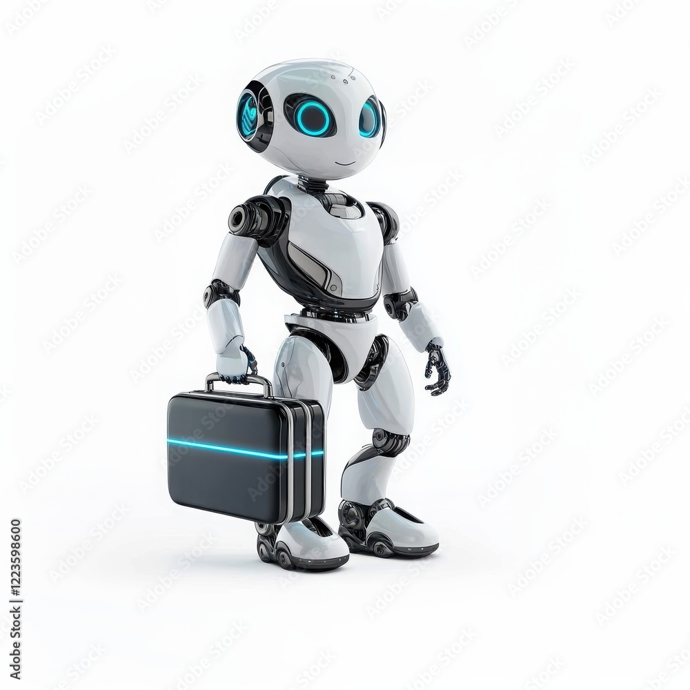 Friendly robot with a suitcase ready for travel in a modern setting during daytime. Generative AI Friendly robot with a suitcase ready for travel in a modern setting during daytime. Generative AI