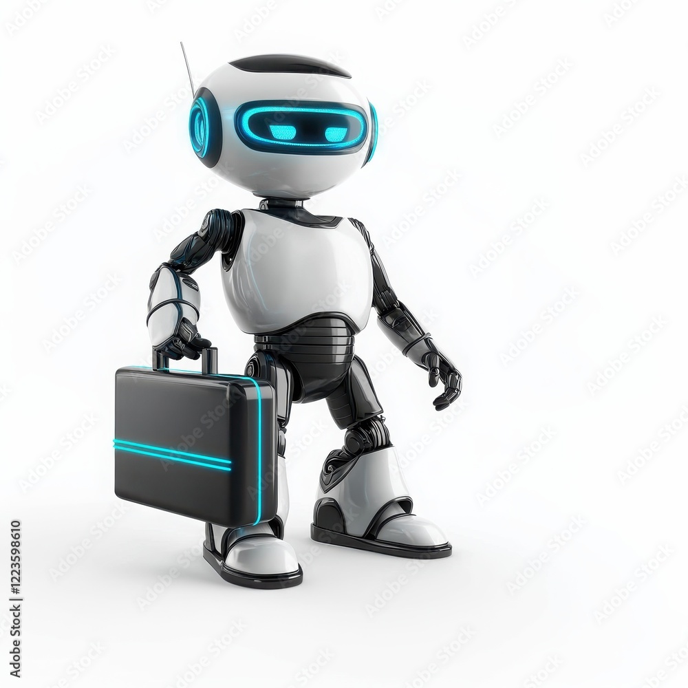 Robot with suitcase preparing for a business trip in a futuristic environment at midday. Generative AI Robot with suitcase preparing for a business trip in a futuristic environment at midday. Generative AI