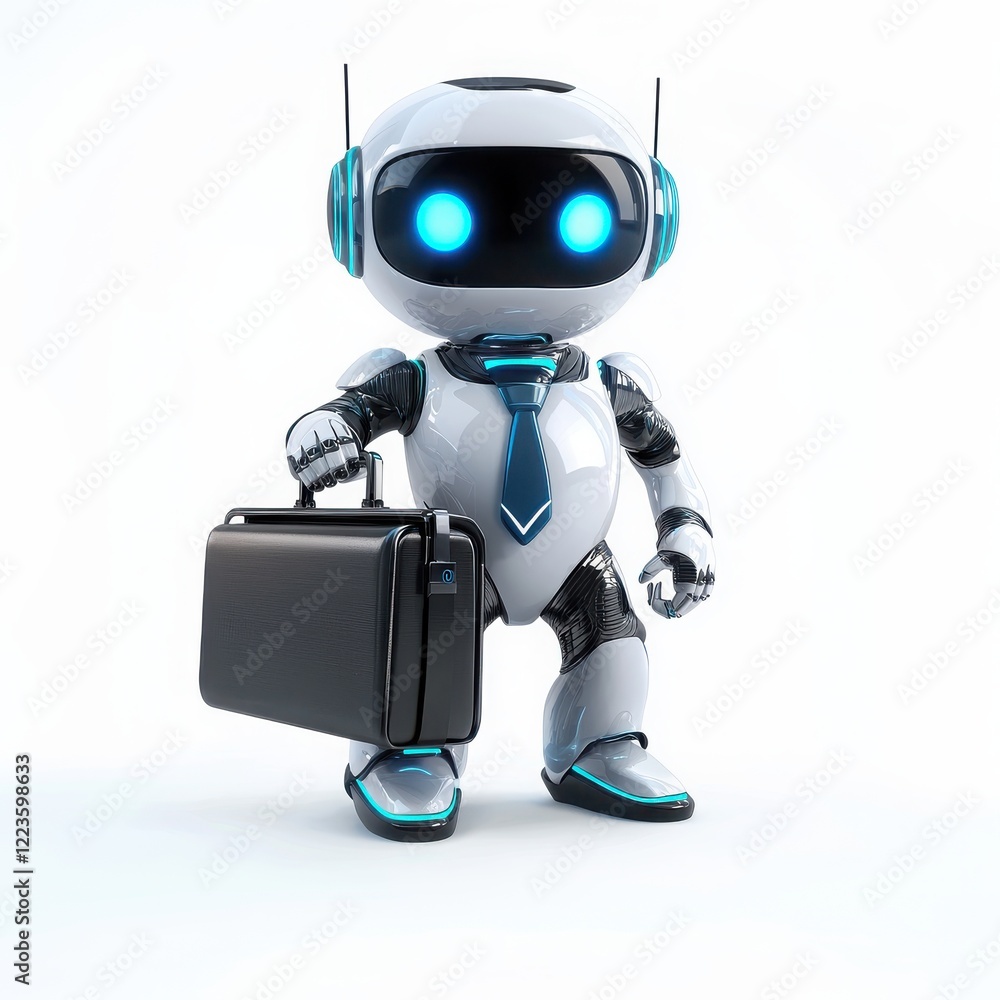 Robot character with a business briefcase standing confidently against a white background, highlighting advanced technology design and playful personality traits. Generative AI