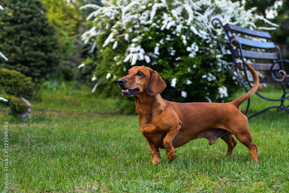 dachshund in the garden in spring dachshund in the garden in spring