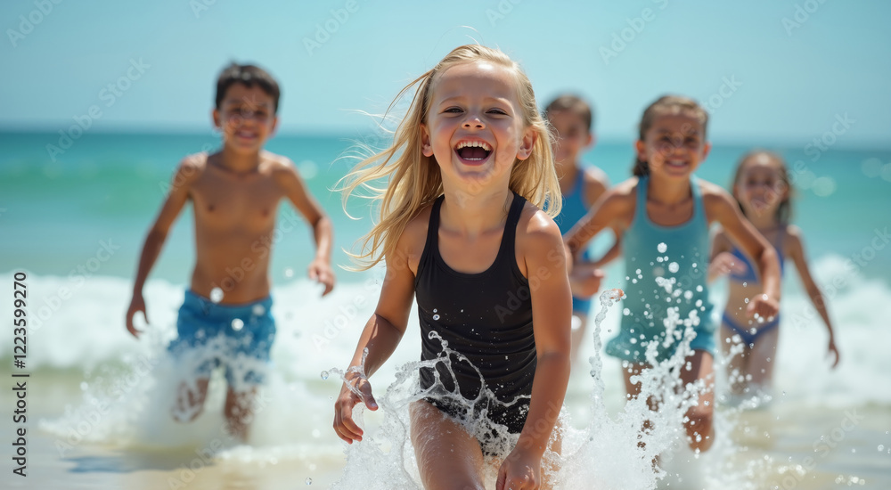 Group of happy children running and splashing on the beach. Summer holidays, vacation, travel, friendship concept. Group of happy children running and splashing on the beach. Summer holidays, vacation, travel, friendship concept.
